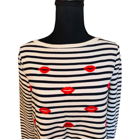 Betsey Johnson Striped Top Embroidered Red Lip Print S Novelty Coastal artsy - Picture 4 of 9